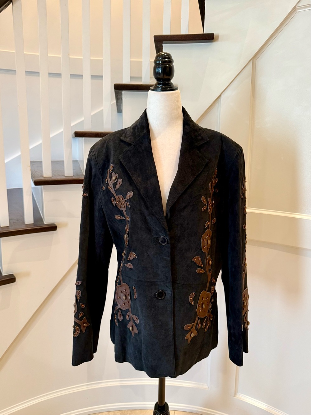 Suede Blazer with Leather Appliques, Size Large